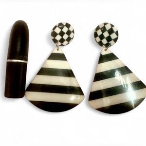 Vintage oversized mod black and white striped checkered costume jewelry earrings